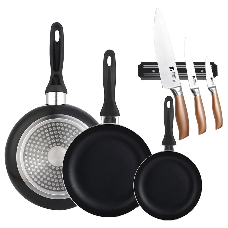 Set 3 sartenes Wellhome 16/20/24 aluminio prensado+Set de 3 Cuchillos en acero inoxidable con Soporte magnético de pared - Cocina