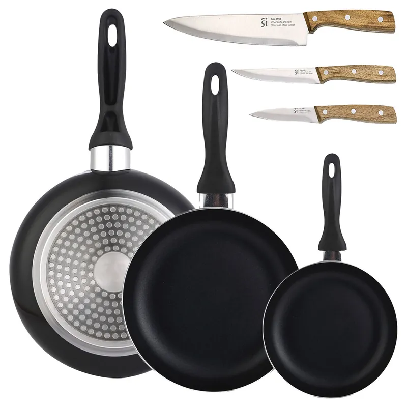 Set 3 sartenes Wellhome 16/20/24 aluminio prensado+Set de 3 cuchillos de acero inoxidable para cocina