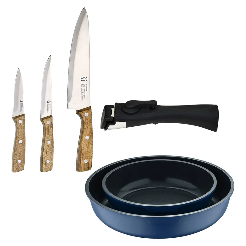 Bergner Click&Cook Juego de 2 Sartenes Ø22Ø26cm Aluminio fundido Azul con Mango desmontable+Set de 3 cuchillos de acero inoxidable para cocina
