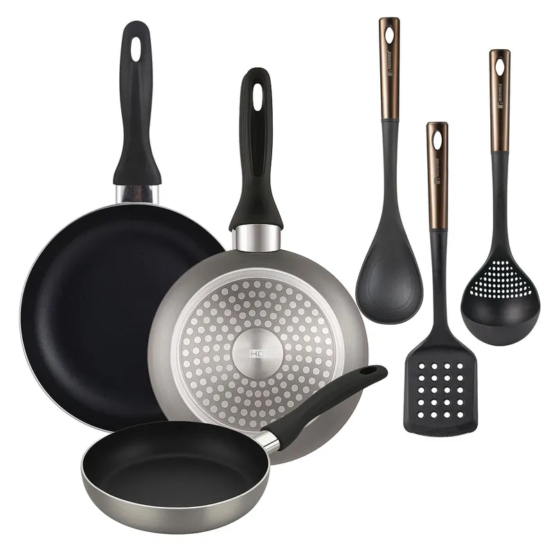 Well Home Set de 3 Sartenes Ø16Ø20Ø24cm de Aluminio prensado en Gris metalizado+ Set de 3 Utensilios de cocina de PBT negro y cobre