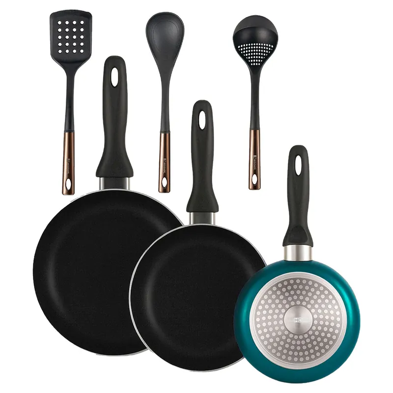 Well Home Set de 3 Sartenes Ø16Ø20Ø24cm de Aluminio prensado en Azul metalizado+ Set de 3 Utensilios de cocina de PBT negro y cobre