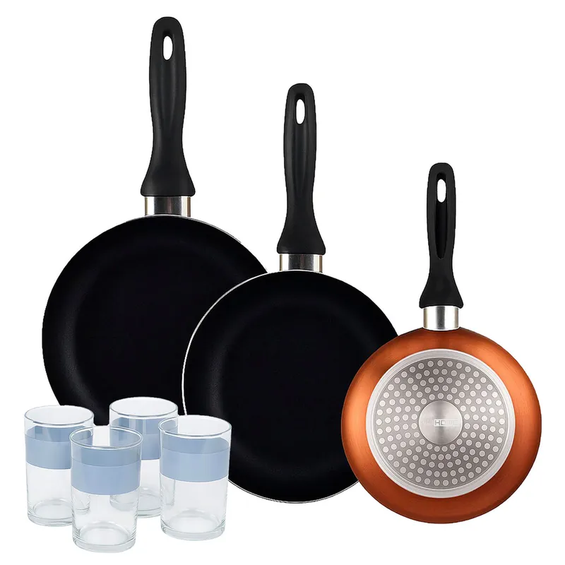 Well Home Set de 3 Sartenes Ø16Ø20Ø24cm de Aluminio prensado en Bronce metalizado+Juego de 4 Vasos de 0,5L - Cocina