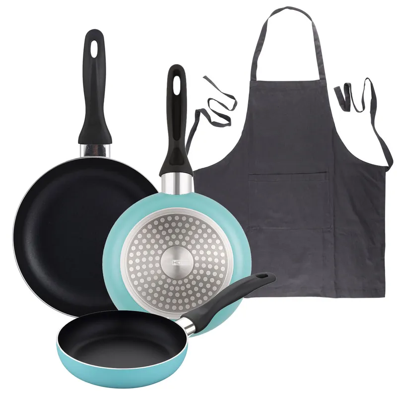 Well Home Set de 3 Sartenes Ø16Ø20Ø24cm de Aluminio prensado en Azul mate+Delantal de Cocina Gris oscuro 100% Algodón 75x80cm