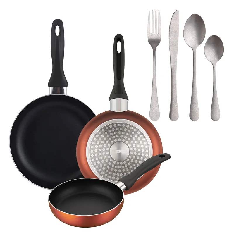 Well Home Set de 3 Sartenes Ø16Ø20Ø24cm de Aluminio prensado en Cobre metalizado+Set de 16 Cubiertos en Acero Inoxidable - Cocina