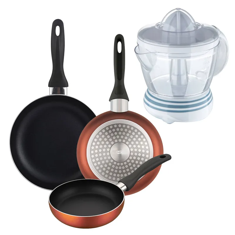 Well Home Set de 3 Sartenes Ø16Ø20Ø24cm de Aluminio prensado en Cobre metalizado+Exprimidor de 40W de Potencia - Capacidad de 1.2 Litros