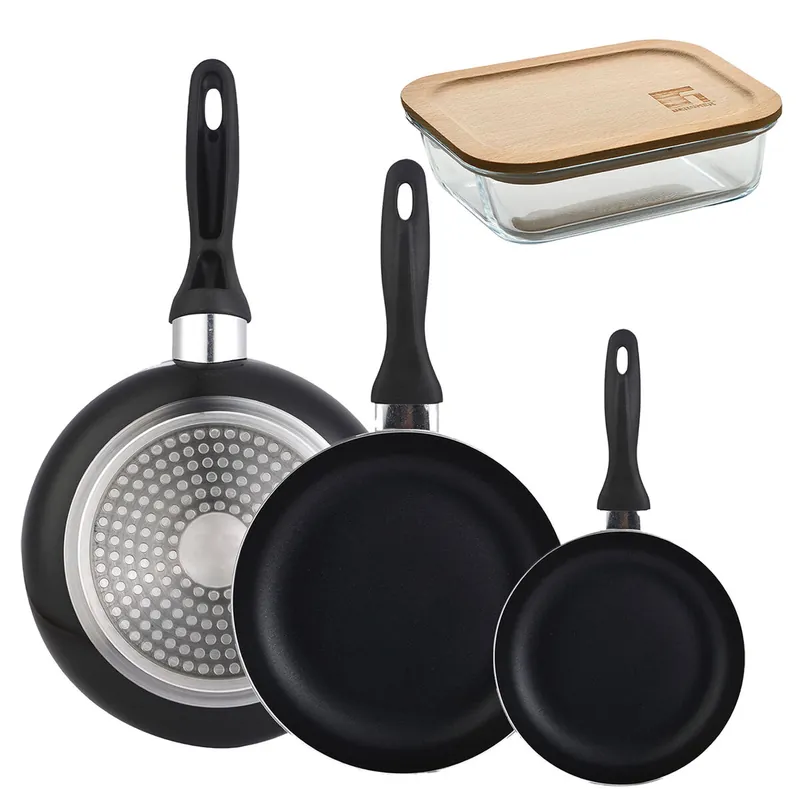 Set 3 sartenes Wellhome 16/20/24 aluminio prensado+Hermético de 650ml en vidrio de borosilicato - Cocina