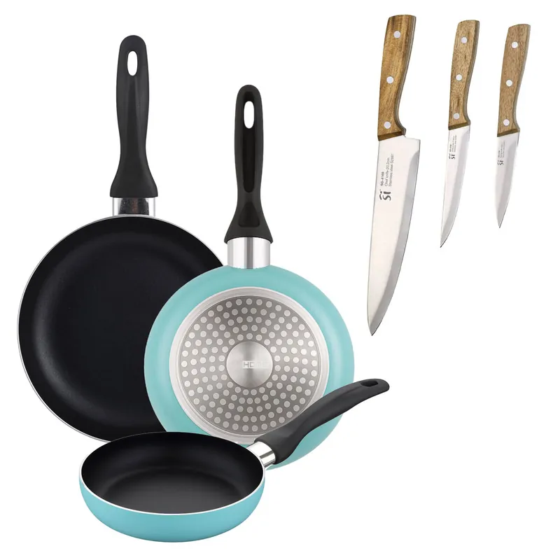 Well Home Set de 3 Sartenes Ø16Ø20Ø24cm de Aluminio prensado en Azul mate+Set de 3 cuchillos de acero inoxidable para cocina