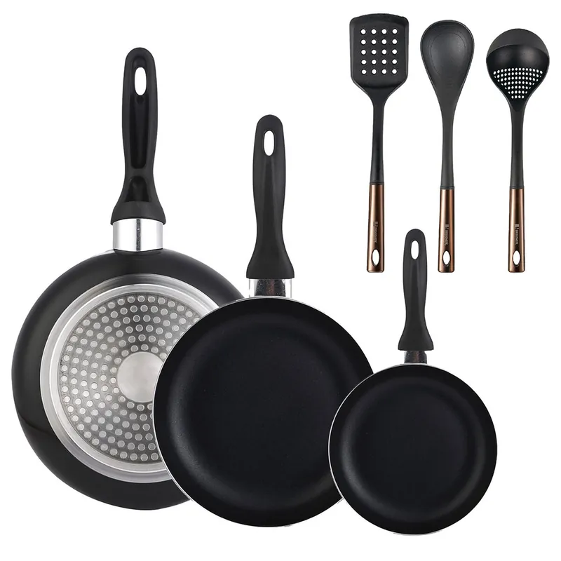 Set 3 sartenes Wellhome 16/20/24 aluminio prensado+ Set de 3 Utensilios de cocina de PBT negro y cobre