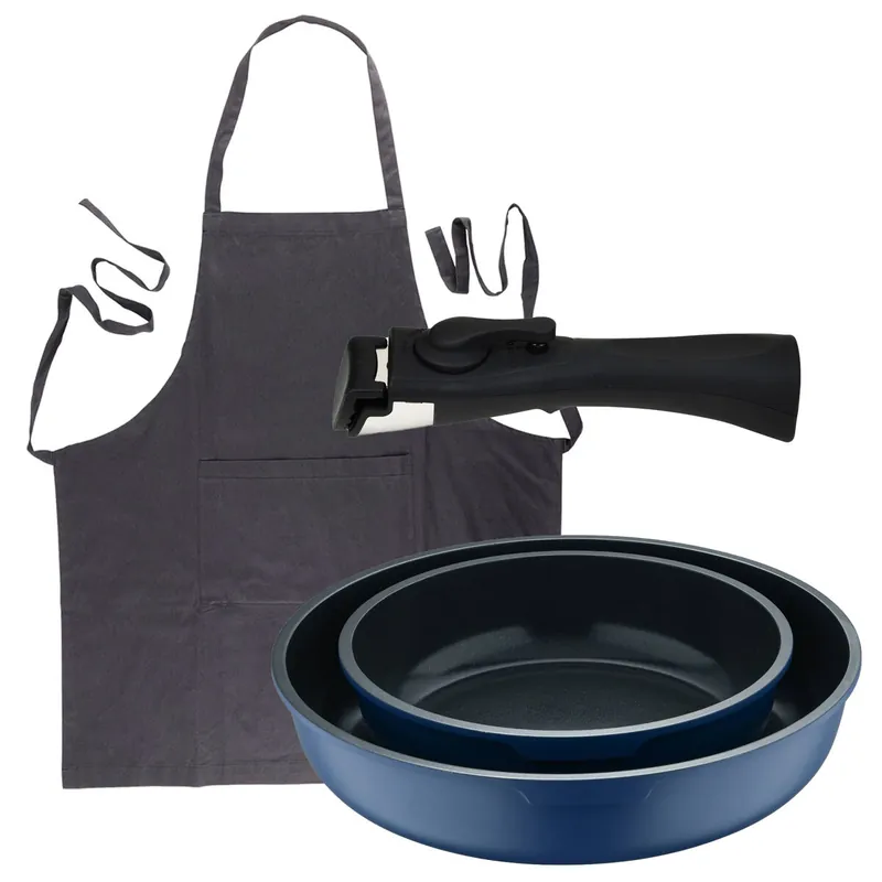 Bergner Click&Cook Juego de 2 Sartenes Ø22Ø26cm Aluminio fundido Azul con Mango desmontable+Delantal de Cocina Gris oscuro 100% Algodón 75x80cm