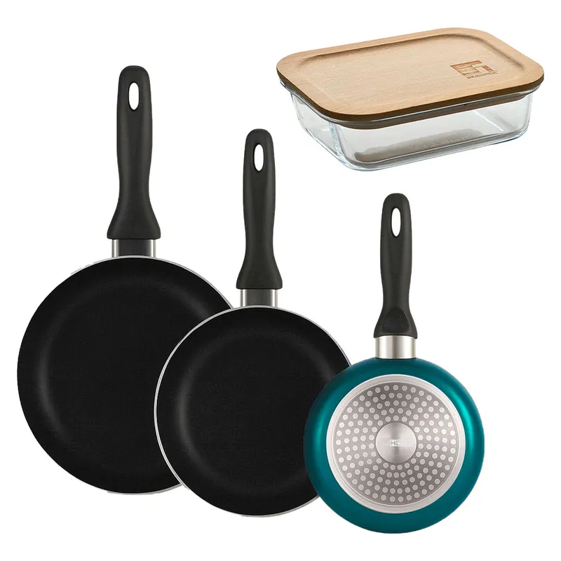 Well Home Set de 3 Sartenes Ø16Ø20Ø24cm de Aluminio prensado en Azul metalizado+Hermético de 650ml en vidrio de borosilicato - Cocina