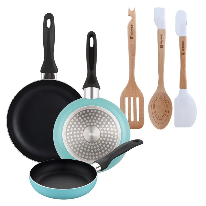 Well Home Set de 3 Sartenes Ø16Ø20Ø24cm de Aluminio prensado en Azul mate+Juego de 3 Utensilios de cocina en silicona y madera