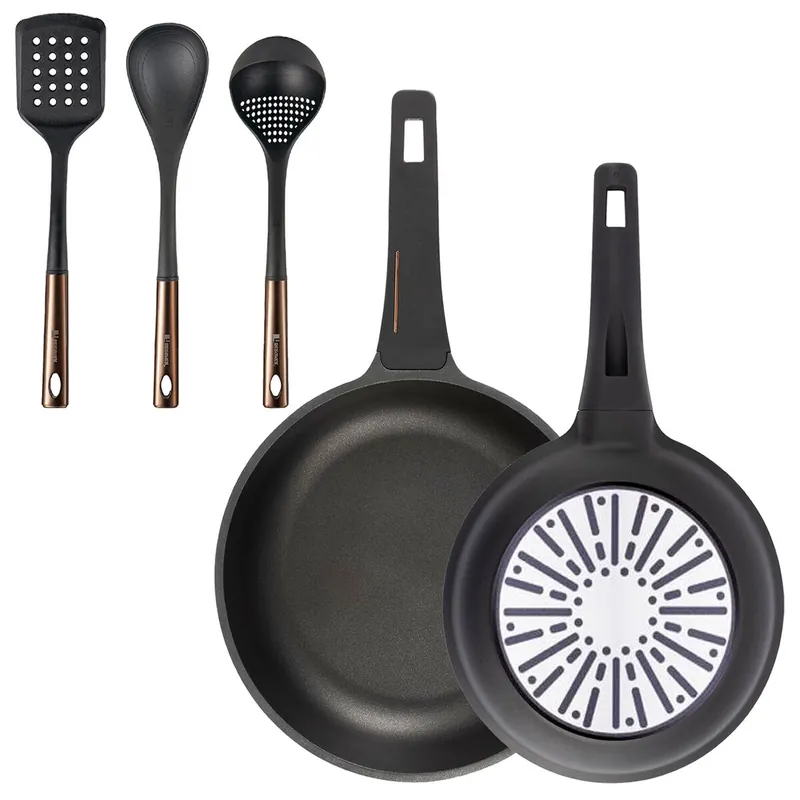 Bergner Juego de 2 Sartenes Ø24Ø28cm en aluminio fundido con mango de baquelita+ Set de 3 Utensilios de cocina de PBT negro y cobre