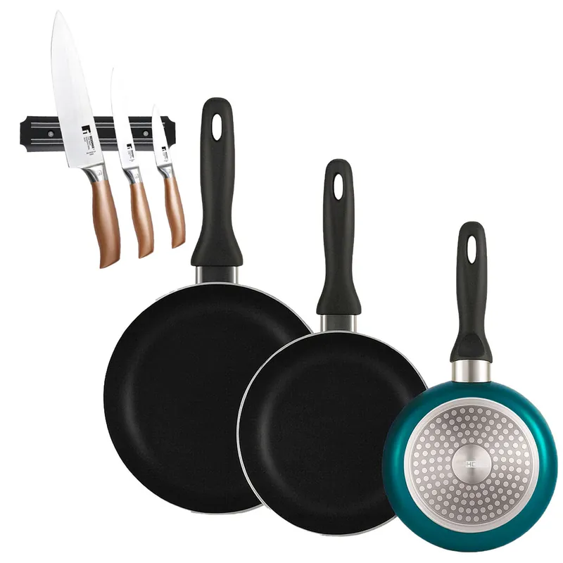 Well Home Set de 3 Sartenes Ø16Ø20Ø24cm de Aluminio prensado en Azul metalizado+Set de 3 Cuchillos en acero inoxidable con Soporte magnético de pared - Cocina