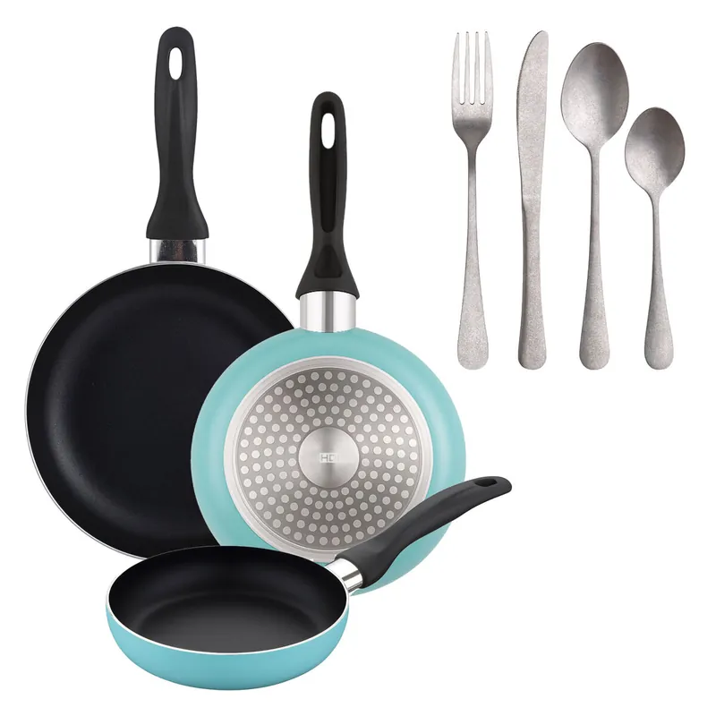 Well Home Set de 3 Sartenes Ø16Ø20Ø24cm de Aluminio prensado en Azul mate+Set de 16 Cubiertos en Acero Inoxidable - Cocina