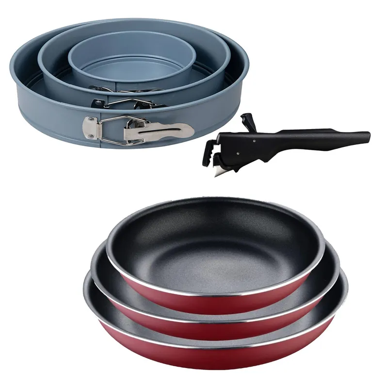 Bergner Click&Cook juego de 3 Sartenes Ø18Ø20Ø24cm Aluminio prensado rojo con Mango extraíble+Juego de 3 moldes de horno redondos Ø12Ø18Ø22cm - Cocina