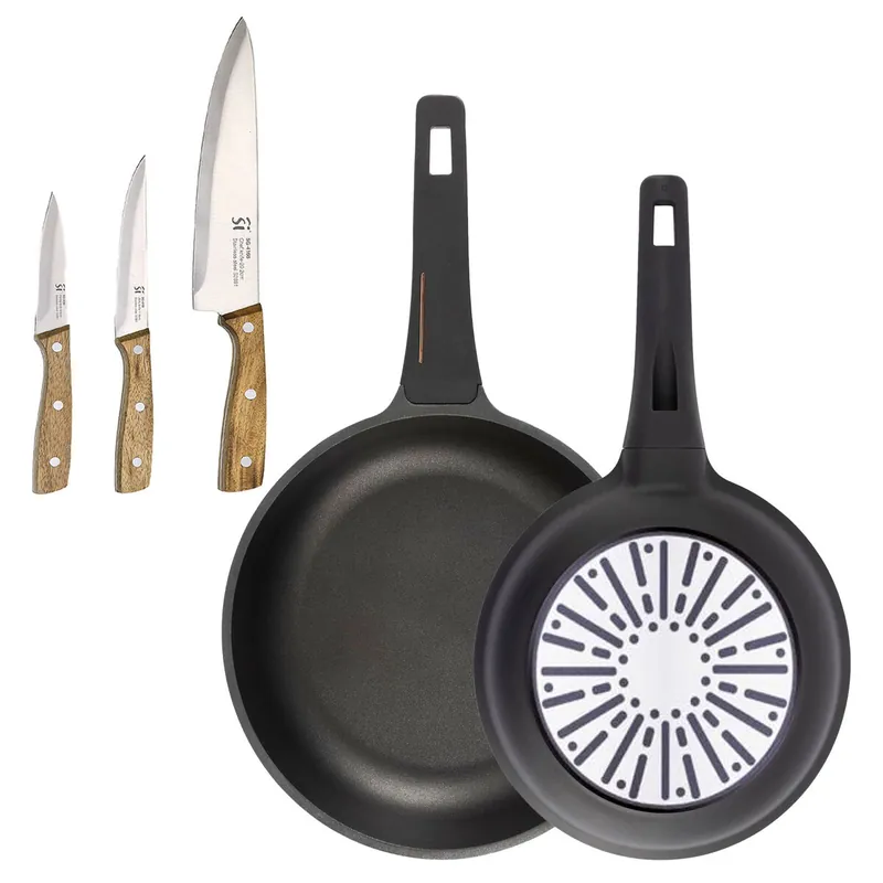 Bergner Juego de 2 Sartenes Ø24Ø28cm en aluminio fundido con mango de baquelita+Set de 3 cuchillos de acero inoxidable para cocina