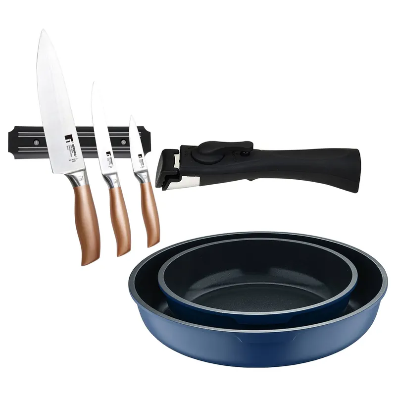 Bergner Click&Cook Juego de 2 Sartenes Ø22Ø26cm Aluminio fundido Azul con Mango desmontable+Set de 3 Cuchillos con Soporte magnético - Cocina