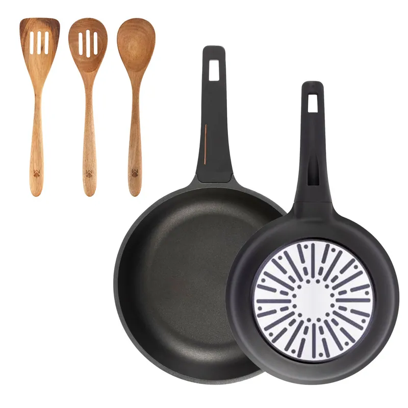 Bergner Juego de 2 Sartenes Ø24Ø28cm en aluminio fundido con mango de baquelita+Set 3pcs utensilios de cocina acacia