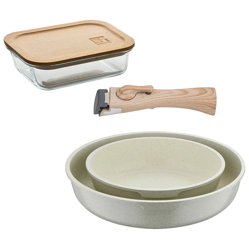 Bergner Click&Cook Juego de 2 Sartenes Ø22Ø26cm Aluminio fundido Blanco con Mango desmontable+Hermético de 650ml en vidrio de borosilicato - Cocina