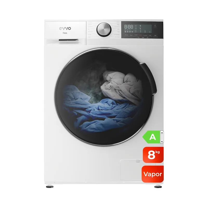 EVVO Lavadora Nova 8 8 kg, 1350 rpm, Clase A, motor inverter, tambor diamante ePROTECT, vapor, 14 programas, 15’ rápido, blanco - Electrodomésticos