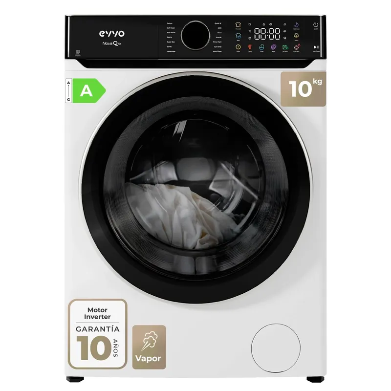 EVVO Lavadora 10 kg Nova Q10, 1400 rpm, Clase A, Motor Inverter eDRIVE, 14 programas, vapor Steam Wash, lavado rápido 15', blanca. - Electrodomésticos