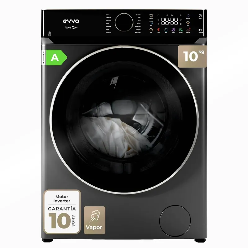 EVVO Lavadora 10 kg Nova Q10x, 1400 rpm, Clase A, Motor Inverter eDRIVE, 14 programas, vapor Steam Wash, lavado rápido 15', inox - Electrodomésticos