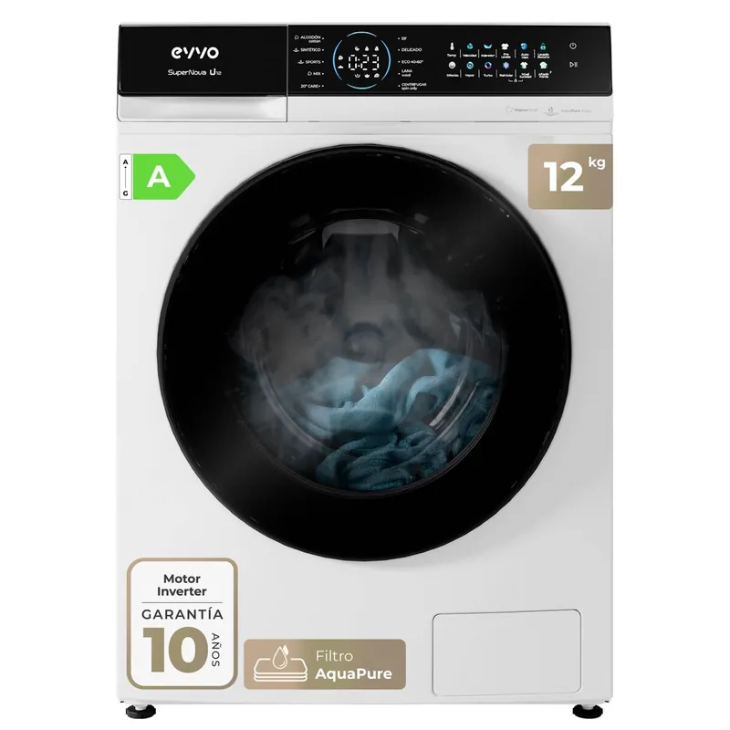 EVVO Lavadora 12 kg Supernova U12, 1350 rpm, Clase A, Motor Inverter, 14 programas, Vapor Steam Wash, Smart LOAD, lavado rápido, blanco - Electrodomésticos