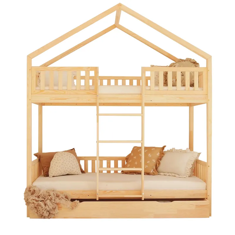 Litera cabaña 90x190 con barandilla somier y cajón Roxane Madera - Bebé