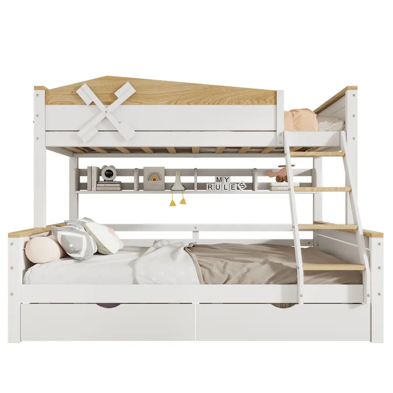 Litera infantil de madera de pino 90/140x200cm con 2 cajónes,molinillo de vient,estante,escalera y protección contra caídas,blanco+natural - Descanso