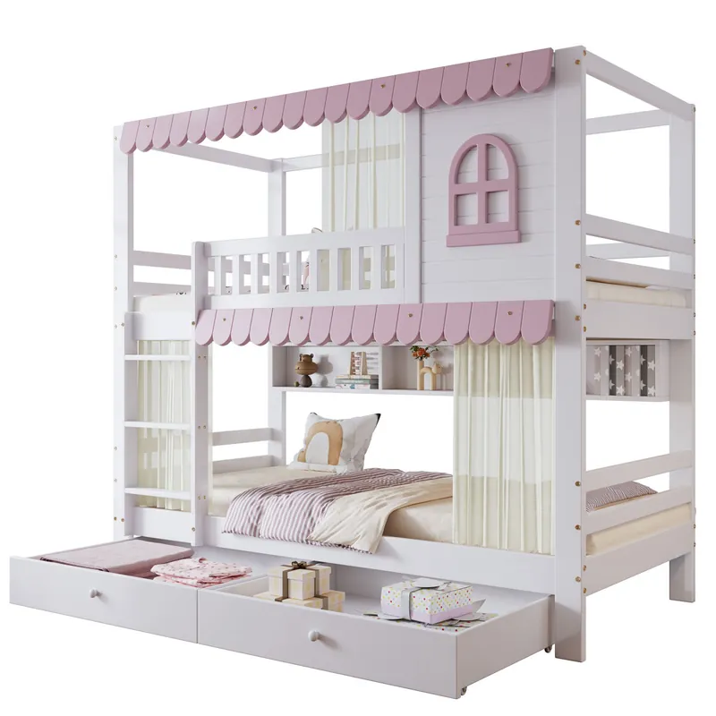 Litera infantil de madera de pino y mdf 90x200cm con 2 cajónes,ventanas,cortinas,estante,escalera y protección contra caídas,rosa - Descanso