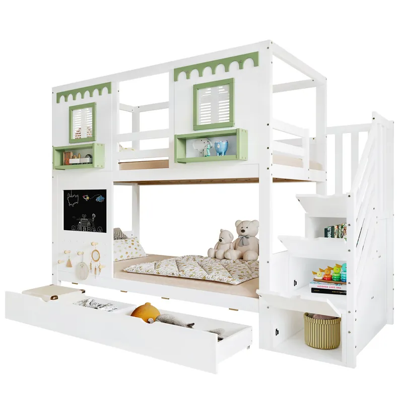 Litera infantil de madera maciza 90x200 cm,blanco+verde - Descanso