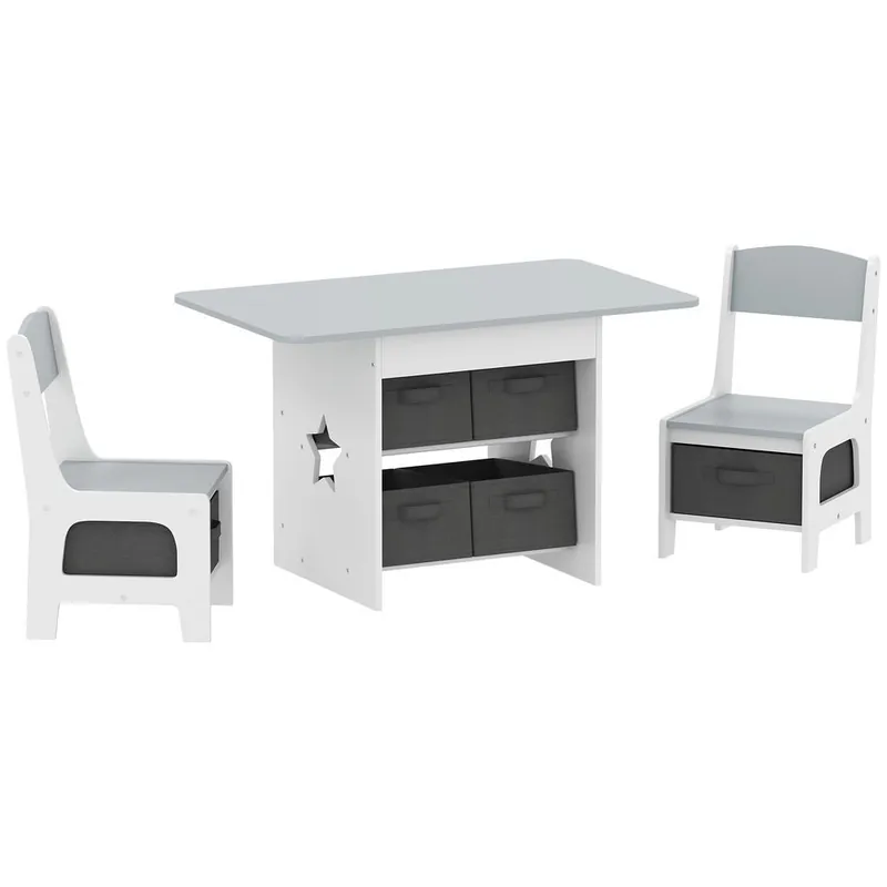AIYAPLAY Mesa Infantil con 2 Sillas, Mesa y Sillas Infantil con 6 Cajones de Tela, Diseño Estrellas, para Niños y Niñas de 3-8 Años, para Hogar, Guardería, Aulas, Gris Claro