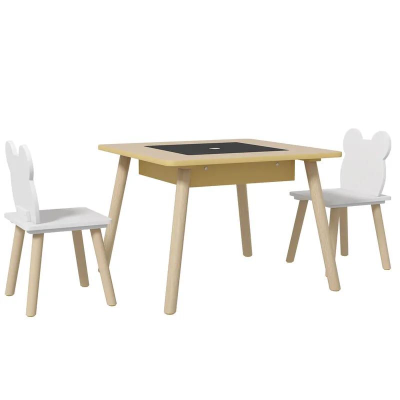 AIYAPLAY Juego de Mesa y 2 Sillas Infantiles de Madera, Mesa Infantil con Sillas, con Pizarra, Respaldo en Forma de Osito y Compartimentos, para Niños, para Guardería, Dormitorio, Natural y Blanco - Muebles