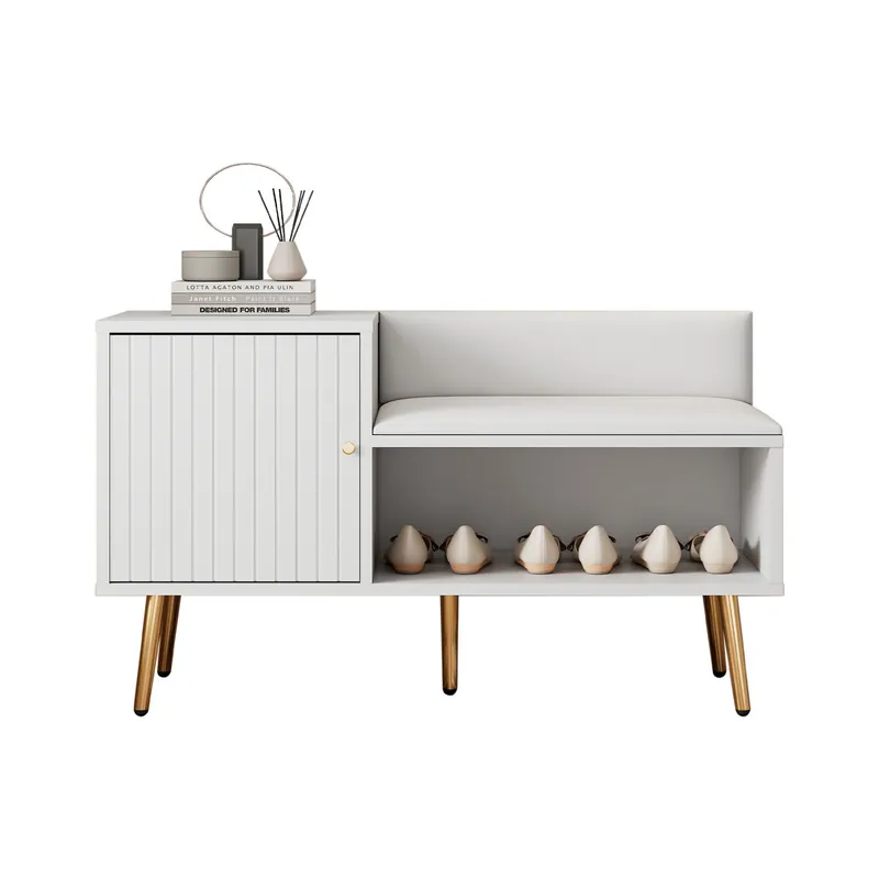 Zapatero Con Banco Acolchado Moderno De Estilo Nórdico, Con Puerta Y Estante Abierto Para Almacenaje Versátil. Estructura Estable Con Patas Metálicas Doradas Y Asiento Cómodo Tapizado En Blanco, Ideal Para Recibidor O Dormitorio - Muebles