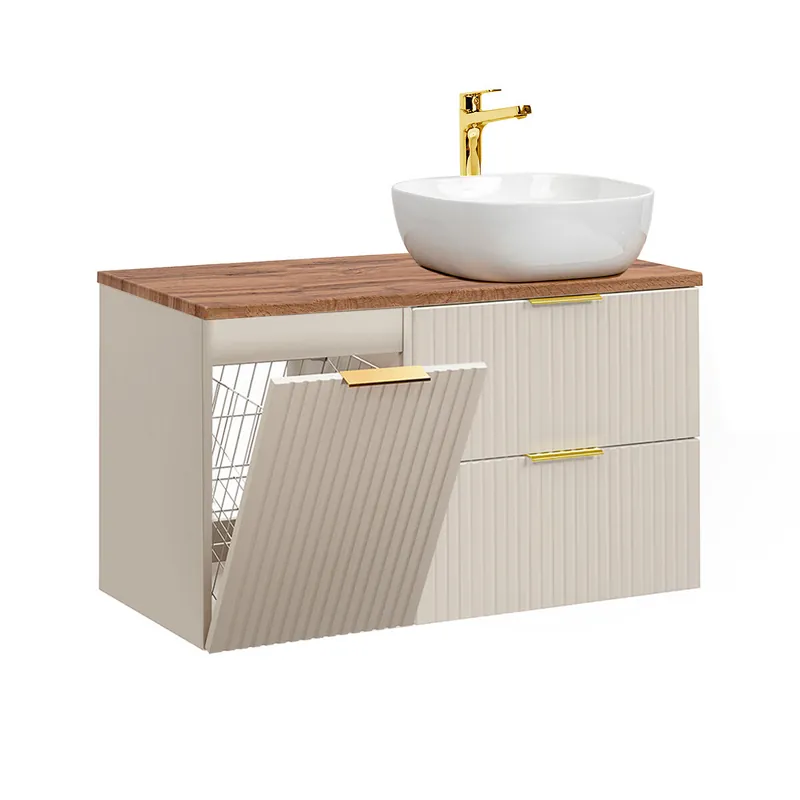 Mueble lavabo individual 100cm cesto de ropa Adriel Negro y Madera - Baño