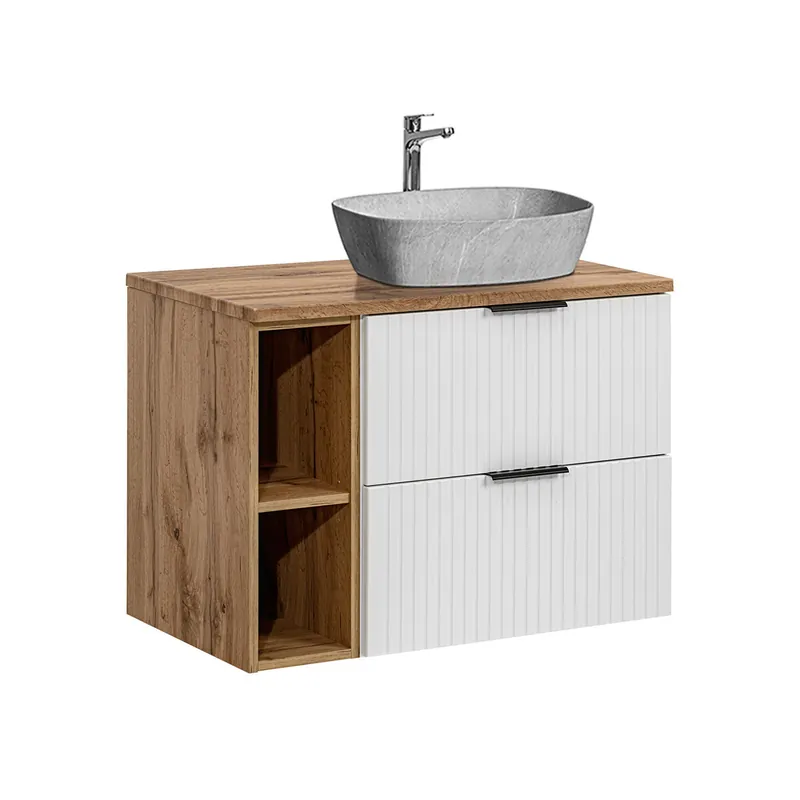 Mueble lavabo individual efecto piedra 80 cm 2 nichos Adriel blanco - Baño