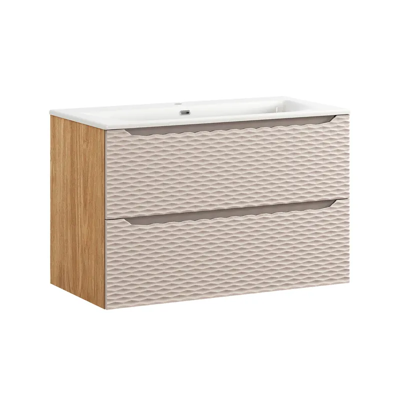 Mueble lavabo individual encastrado 90cm Elora Beige y madera - Baño