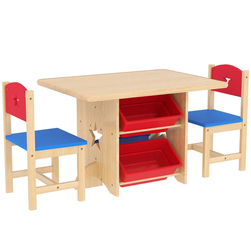 AIYAPLAY Mesa y Sillas Infantiles de 3 Piezas Mesa Infantil con 2 Sillas y 4 Cestas de Almacenamiento Juego de Muebles para Actividades para Niños de +3 Años para Sala de Juegos Natural