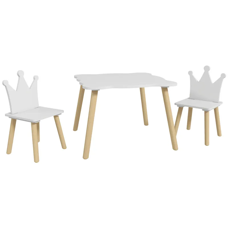 AIYAPLAY Mesa y Sillas Infantiles de 3 Piezas Mesa Infantil con 2 Sillas con Respaldo en Forma de Corona para Niños de 3-6 Años para Sala de Juegos Dormitorio Guardería Blanco