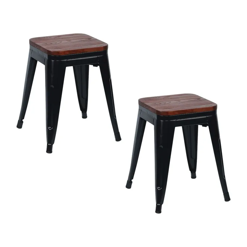 Pack 2 Taburetes Bajos Industriales de Acero y Madera Thinia Home - Muebles