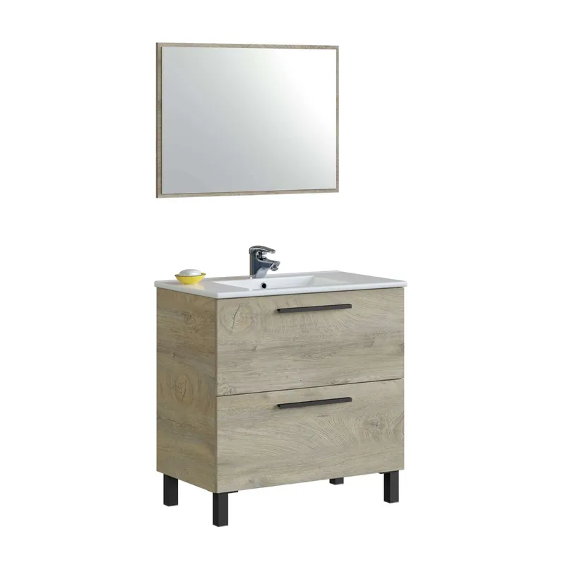 Pack de Baño Athena Estilo Natural en Color Roble Alaska con Mueble de Baño, Lavabo, Espejo y Columna de Baño