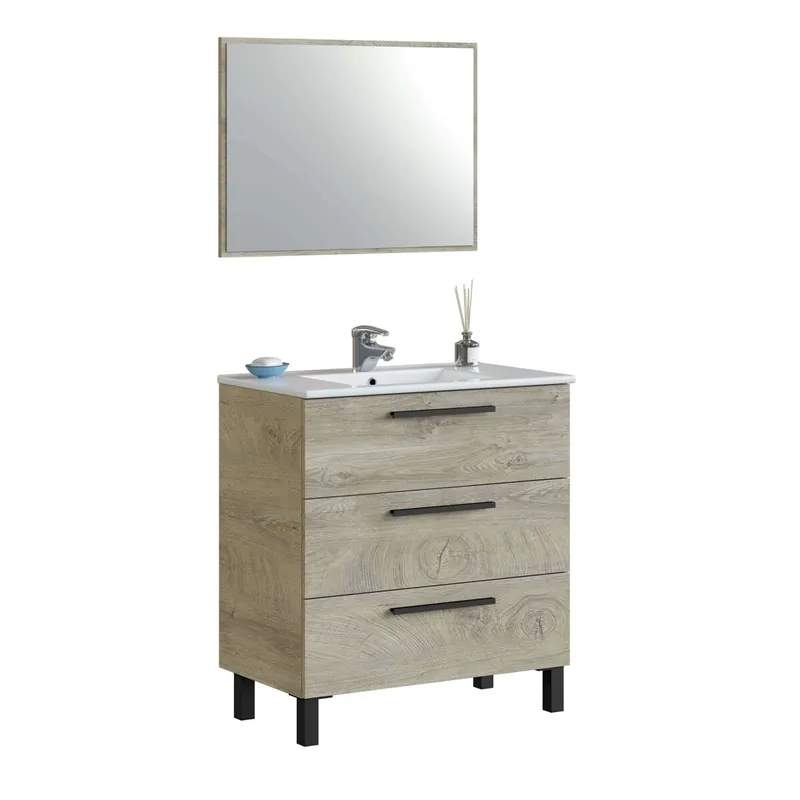 Pack Baño Completo Roble Alaska Mueble Baño, Columna de baño, Espejo y Lavabo Cerámico Incluido