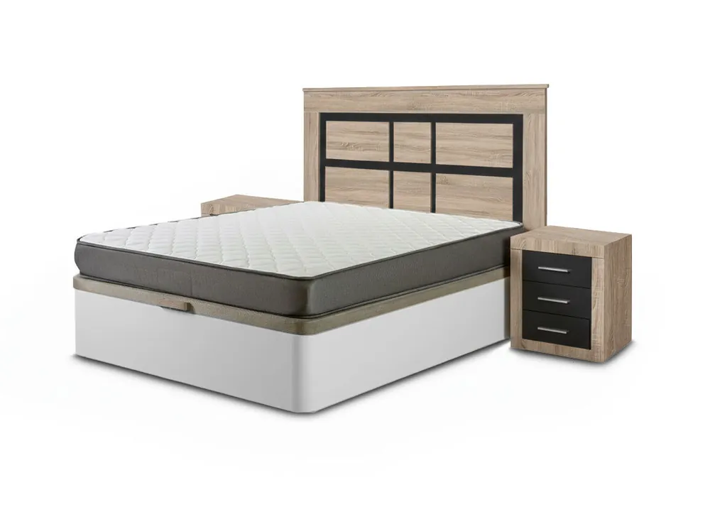 Pack Cama Canape, Blanco, 135cm + Colchón + Cabecero y 2 Mesitas de Noche, Cambria y Grafito - Descanso