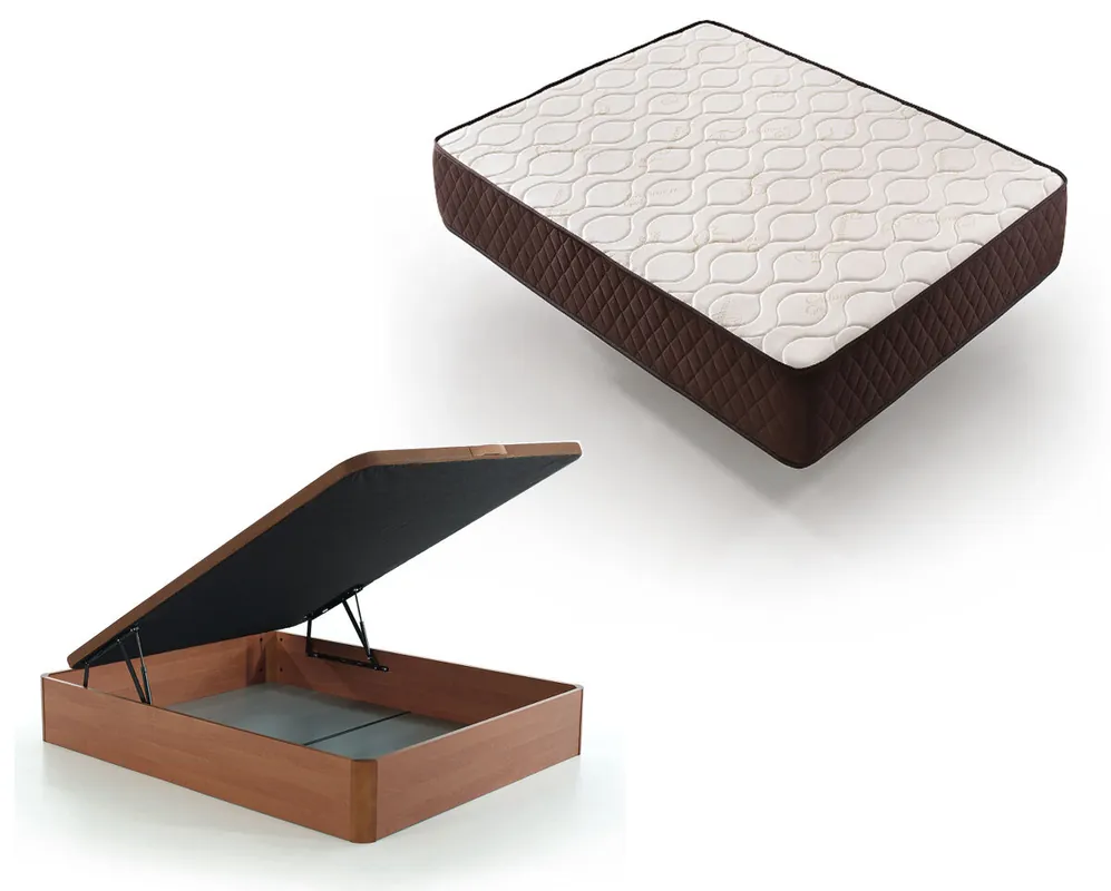 Pack Colchón Descansin + Canapé Abatible 90x190cm, Color Cerezo, Maxima Comodidad, Gran Almacenaje - Descanso