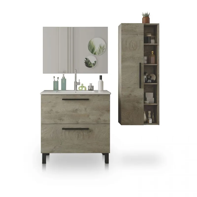 Pack de baño con lavabo cerámico y columna Sense Plus V2 Roble Alaska 80 x 80 x 45 cm