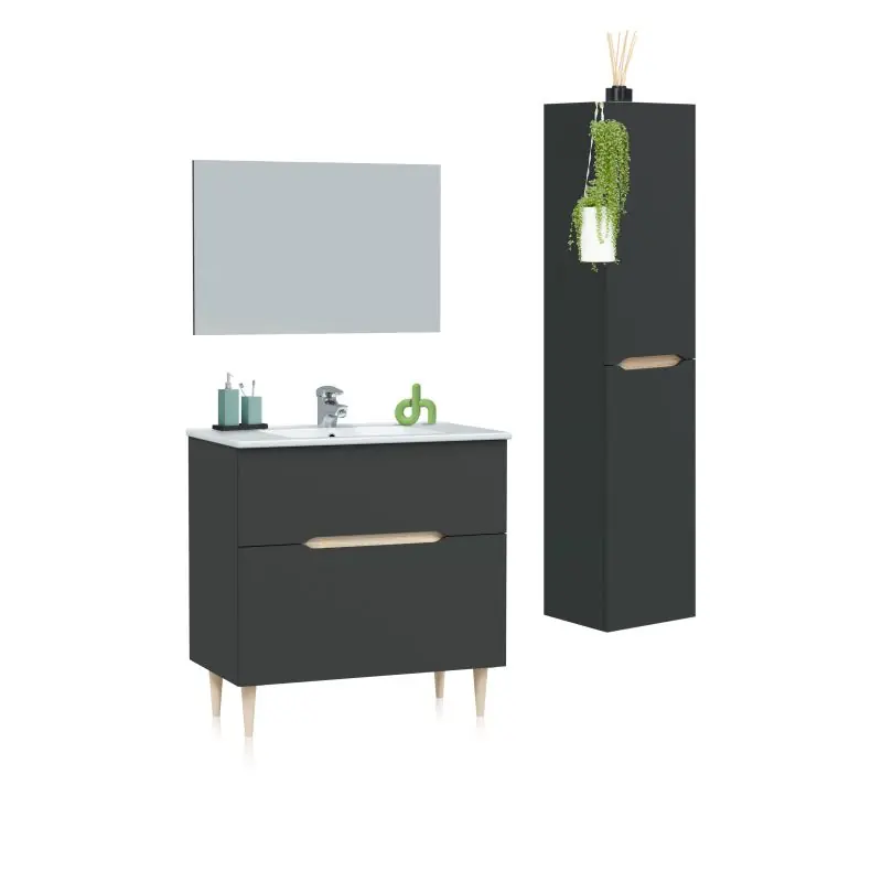 Pack de baño con lavabo y columna Opera 80 Antracita - Roble 45 x 80 x 45 cm