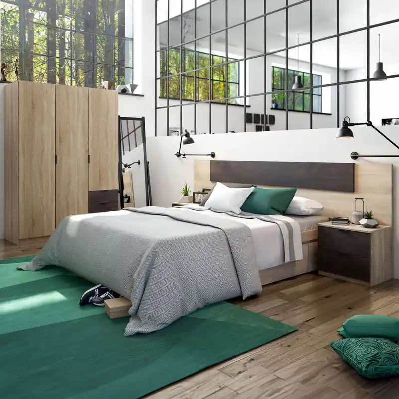Pack Muebles Dormitorio Andy Armario Cabezal 2 mesitas Cama 150x190 2 cajones Estilo Industrial habitación oxido - Descanso