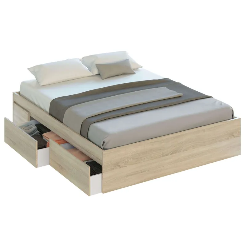Pack de Dormitorio Andy Estilo Industrial en Color Roble Canadian y Óxido Cama + Cabecero con Mesitas + Cómoda (Armario Opcional) - Descanso