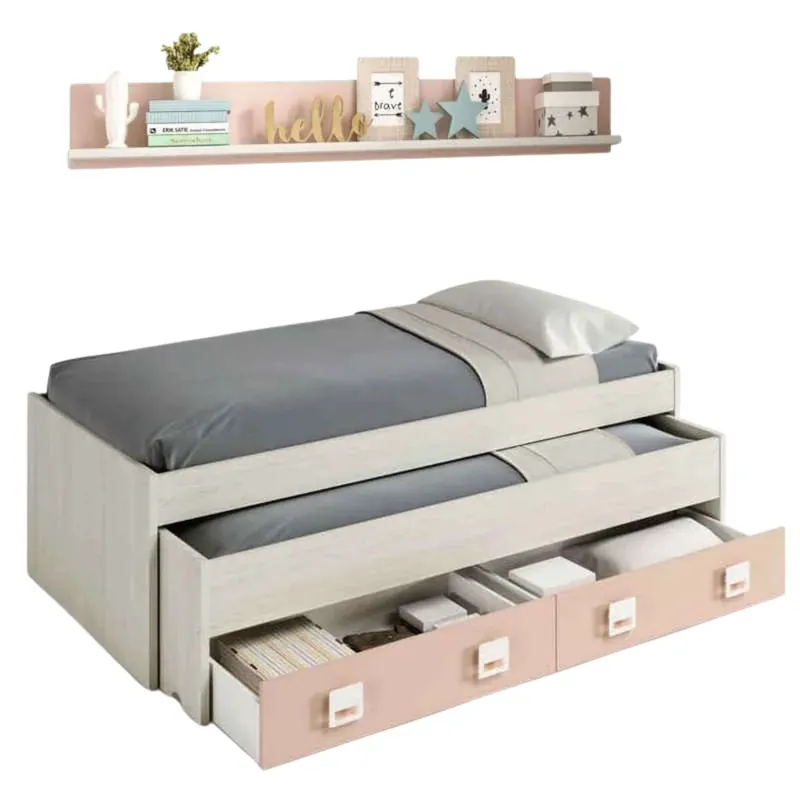 Pack Dormitorio Infantil, Juvenil, Cama Nido + Armario Ropero y Estante Rosa y Blanco - Descanso