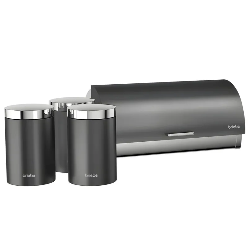 Briebe BB1161 Panera de Mesa +Juego 3 Botes Cocina Almacenaje Acero Inoxidable Contenedor de Pan con Tapa, , Gris